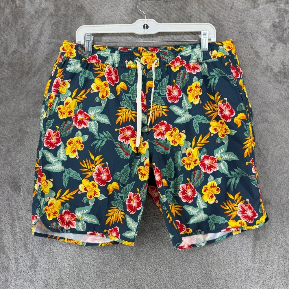 Fair Harbor Swim Trunks Mens L The Anchor Navy Floral Hibiscus 8